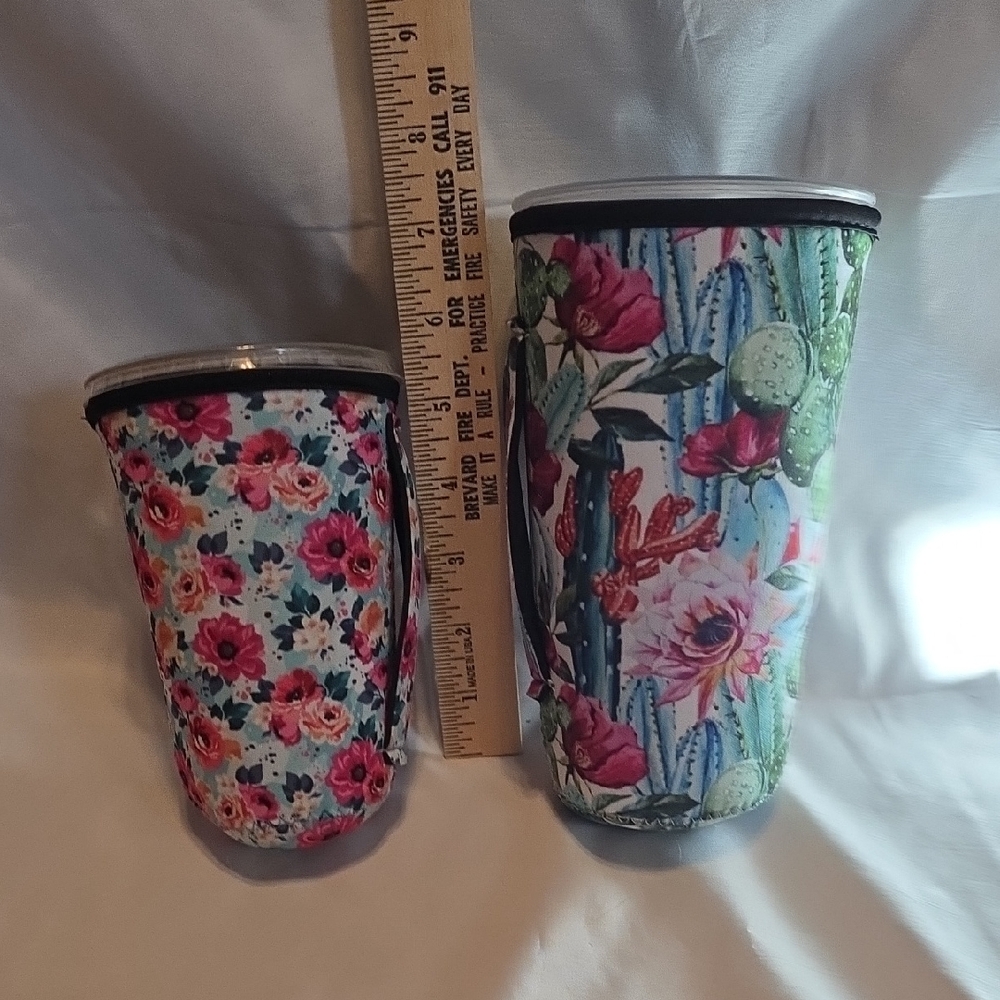 Floral and Cactus Patterned Tumbler Sleeves Set With Handles - Medium & Large